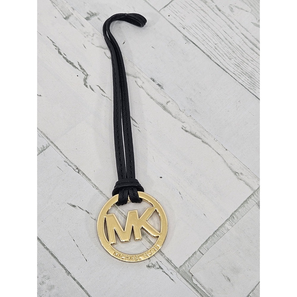 Michael Kors MK Logo Bag Charm Gold Tone Black Leather Strap Handbag Accessory